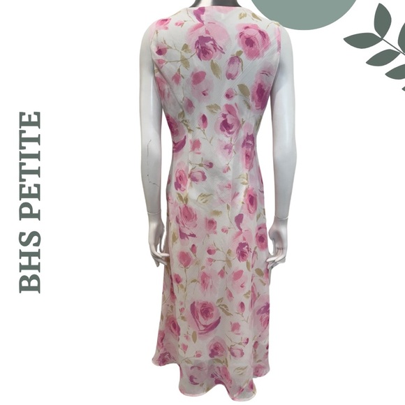 🛍️3/$40 BHS PETITE Sleeveless Rose Print Floral Midi Dress (Petite) White Pink - Picture 4 of 7